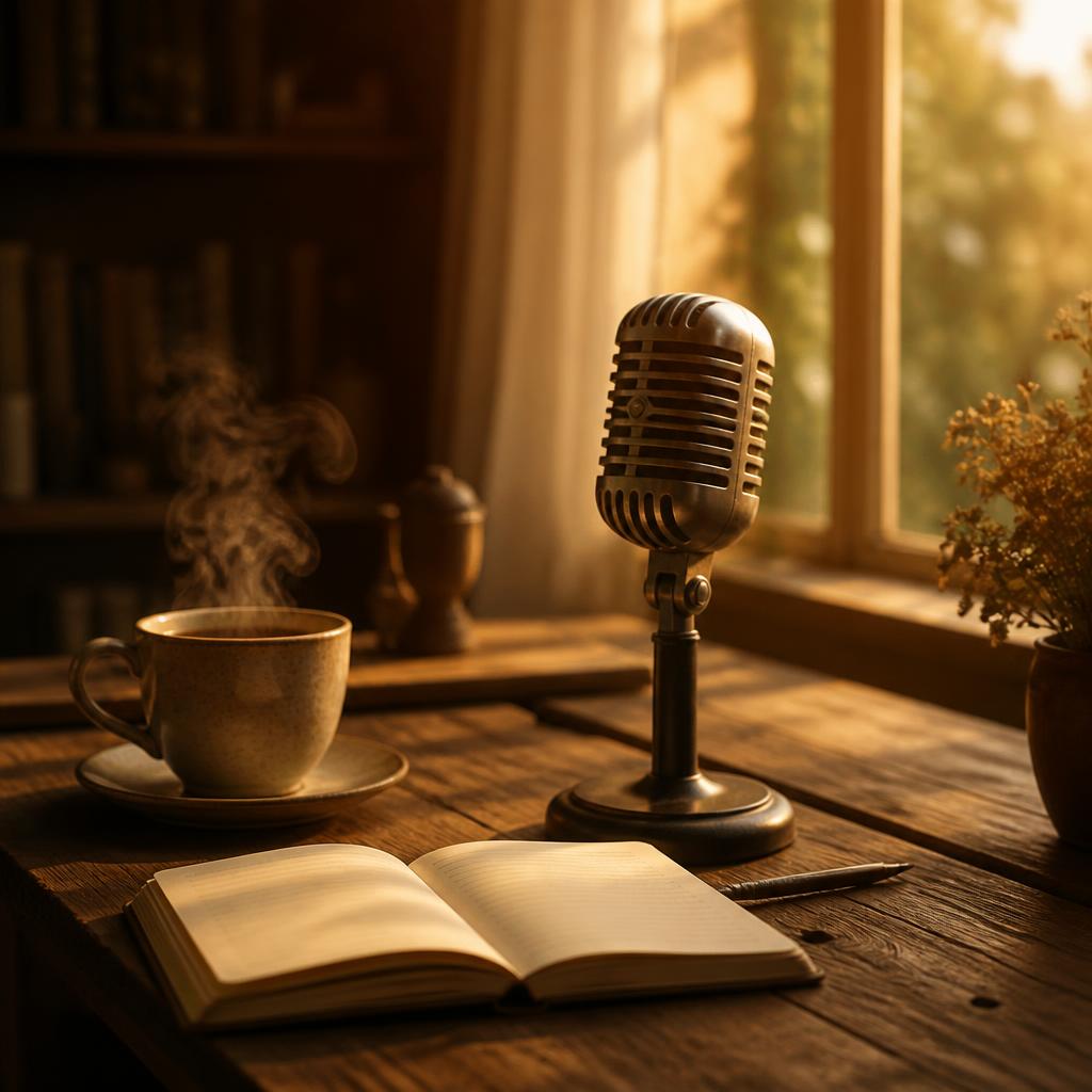 Sfeerbeeld passend bij persoonlijke audioverhalen: een vintage microfoon, een open notitieboek en een dampende kop thee op een houten tafel in warm middaglicht.